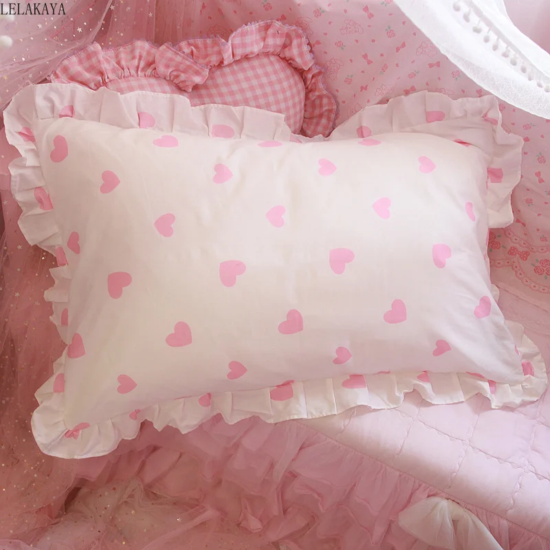 48x74cm  Pink Twin Heart Rabbit Pillow Case Cover Cotton Hairball Ruffle Pillowcase Girl Cute Bedding Toy Bedroom Home Decor