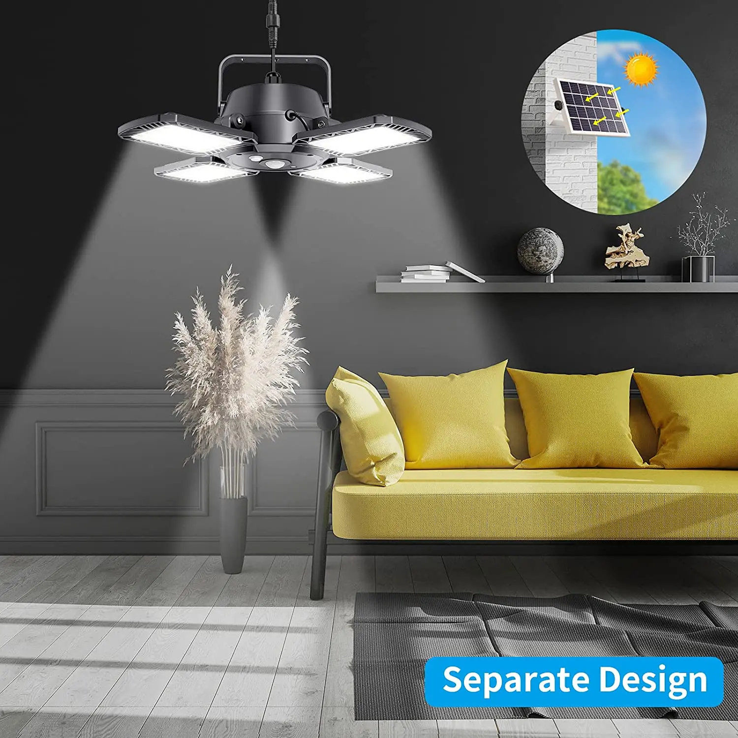 Solar Pendant Light with Remote Control Outdoor Solar Powered LED Sensor Lamp Dimmable Security Light for Garage Garden Porch