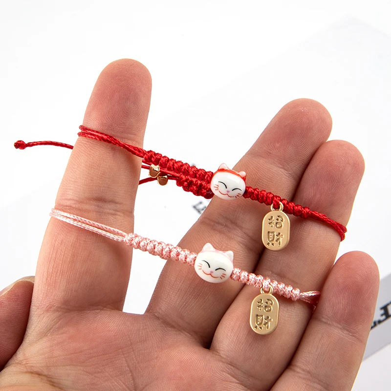 Handmade Colorful Rope Lucky Cat Bracelet For Women Girls Birthday Gifts Charm Tassel Fashion Maneki Neko Couple Bangles