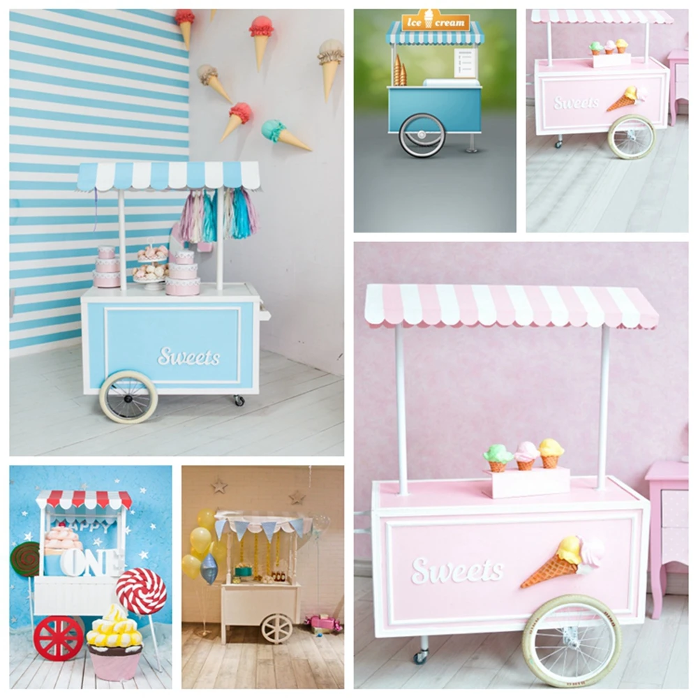 Laeacco Sweets Cake Ice Cream Cart House Baby Children Birthday Scene Photography Background Photographic Photo Backdrop Studio