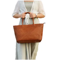 100% bolso de hombro de cuero genuino para mujer, bolso de compras de tela interior informal de verano, bolso de mano Vintage, bolso tejido hueco de cuero de vaca