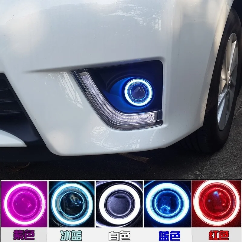 Luz LED blanca DRL + amarilla de giro + Ojo de Ángel COB (6 colores) + lámpara antiniebla halógena (lente del proyector) para toyota corolla 2014