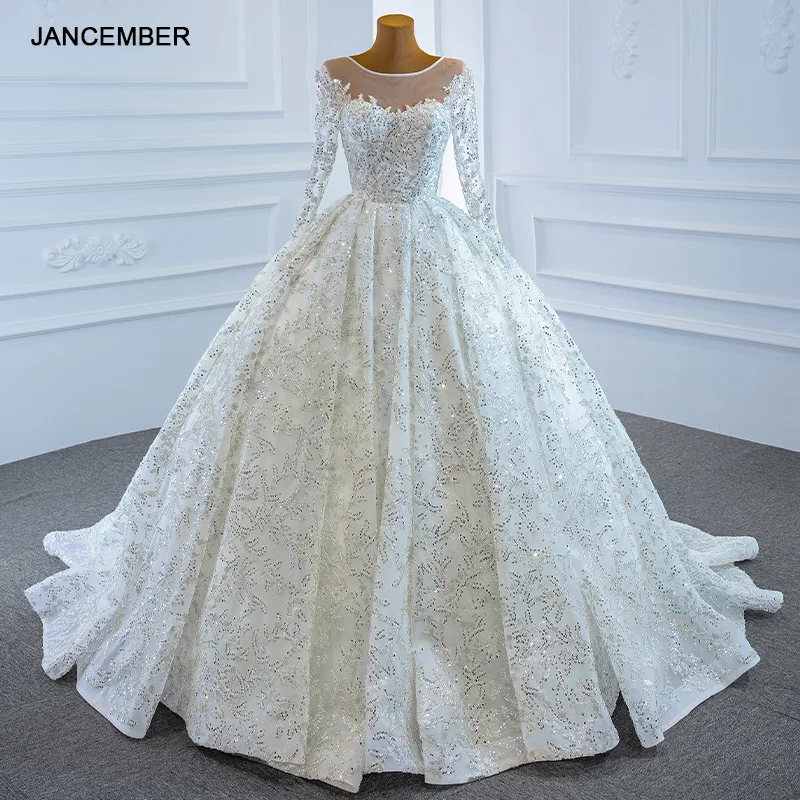 J67193 Jancember Weeding Dresses For Bride 2021 O-Neck  Long Sleeve Sequined Ball Gowns Appliques