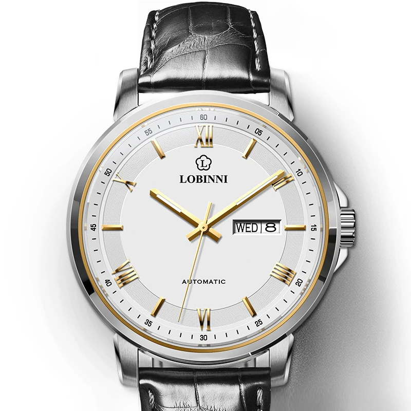 LOBINNI Luxury Genuine Leather Band Men Mechanical Watch Date Automatic Watches Sapphire Glass Waterproof 50M Men Watches
