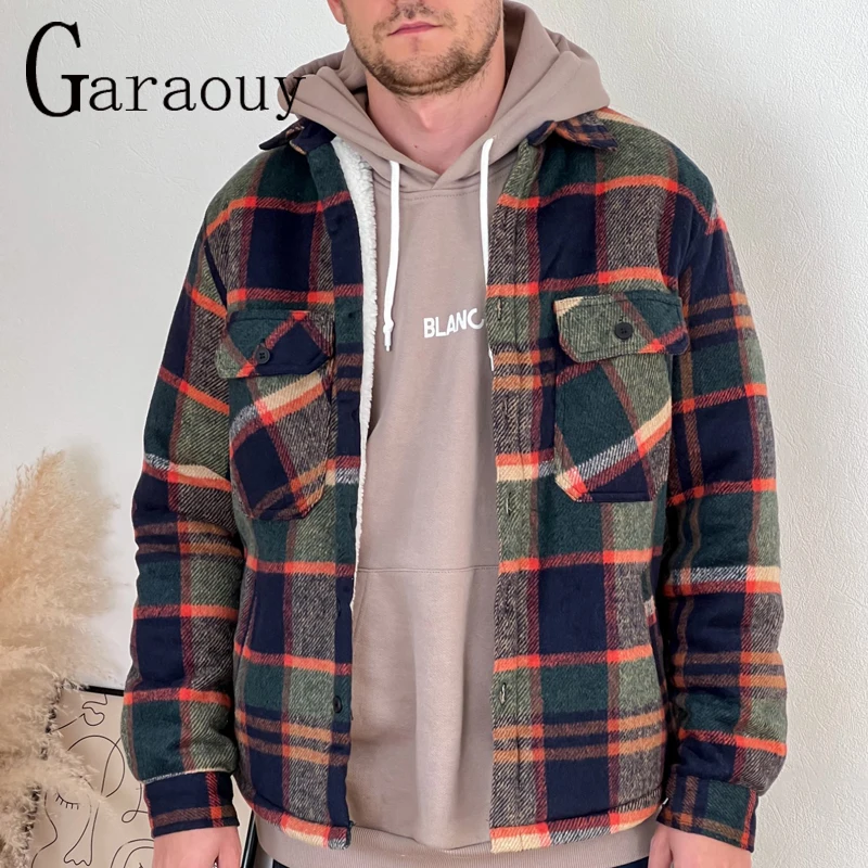 2022 Garaouy New Plaid Jacket Men\'s Autumn Winter Casual Fleece Lapel Warm Slim Fit Lamb Wool Thick Shirt All-match Coats Male