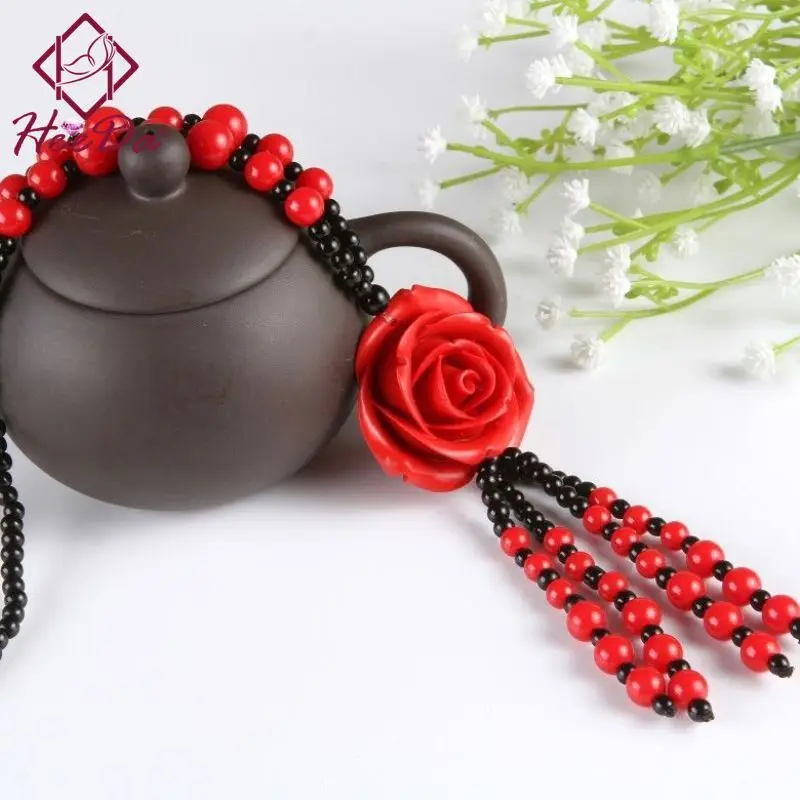 Vintage Ethnic Red Cinnabar Long Tassel Necklaces for Women Autumn Winter Joker Beads Flower Sweater Chain Lady Jewelry on Neck