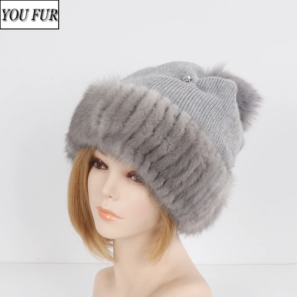 

2023 New Fashion Knitted Ladies Real Mink Fur Beanies Caps Winter Women Warm Natural Mink Fur Hats Elastic Luxury Female Fur Hat