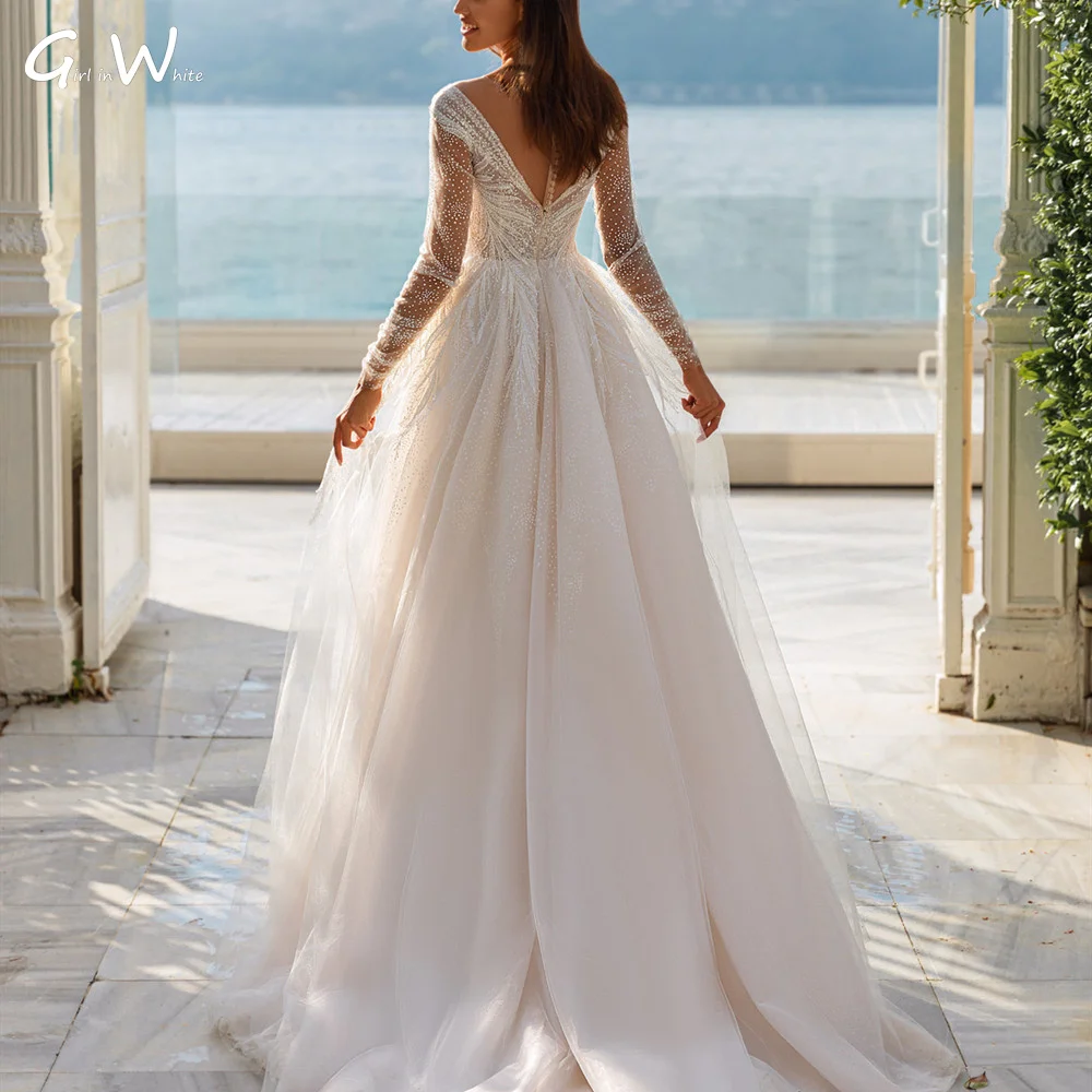 Robe De mariée De luxe à manches longues avec perles, tenue princesse Vintage, col en v, avec des Appliques en dentelle, nouvelle collection, 2021