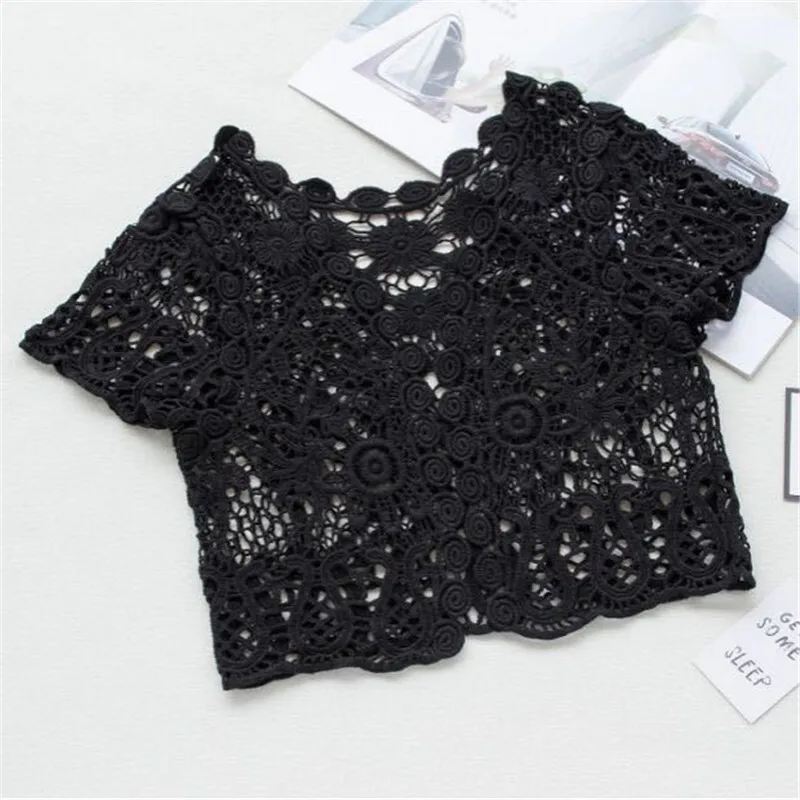 White/Black Women's Short Sleeve Shrug Bolero Lace Sheer Bridal Summer Jacket Cape