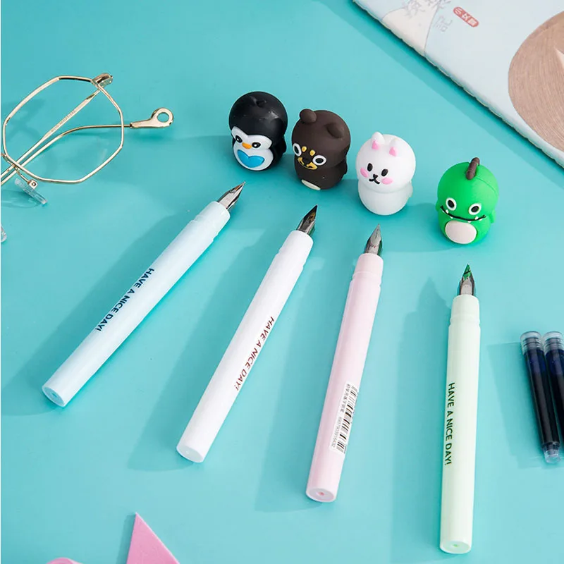 Animais bonitos dos desenhos animados apagáveis caneta tinteiro conjunto com tinta azul caneta caligrafia substituível escola kawaii estudantes papelaria presentes