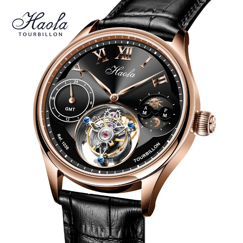 Imagem -06 - Haofa-gmt Moonphase Tourbillon Relógio Masculino Multifunções Movimento Mecânico Manual Relógio de Pulso Casual Safira 1038