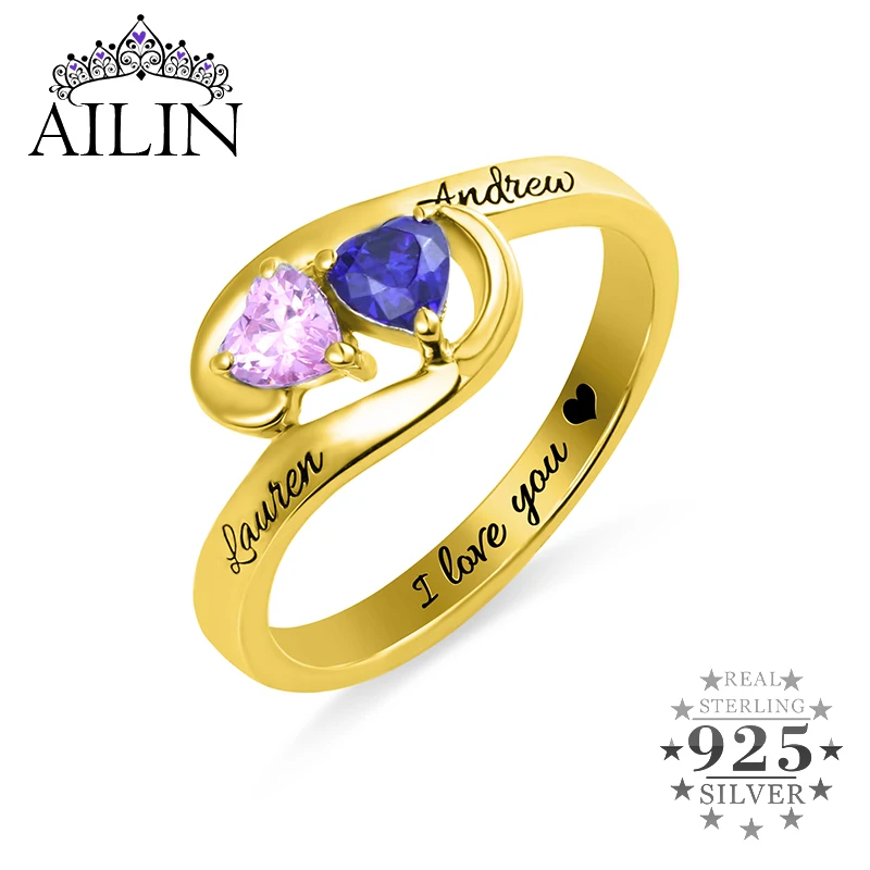 

AILIN Personalized Silver 925 Wedding Rings Women Men 18K Plated Name Ring Couple Mother Girlfriends Custom Gemstones Jewelry