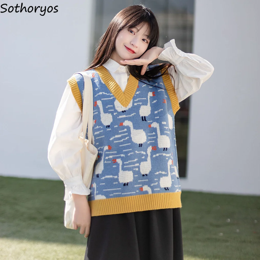 Cartoon Kawaii Sweater Vests Women Spring Sweet Vintage Loose V-neck Panelled Fashion Sleeveless Knitwear All-match Outerwear OL