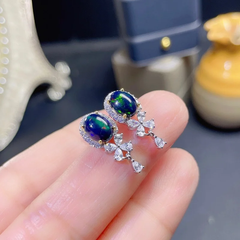 Special Offer New Natural Black Opal Earrings, Simple Style, 925 Sterling Silver, Hot Sale
