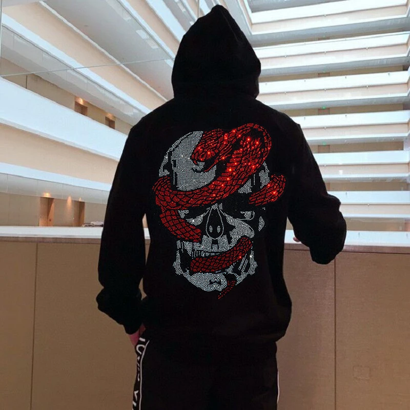 European American Youth Brand Trends Men's Hoodie Skull Rhinestone Pullover Male High Elastic Super Fabric Hoody