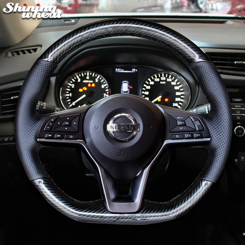 

Shining wheat Black Genuine Leather Pu Carbon Fiber Steering Wheel Cover for Nissan X-Trail 2017