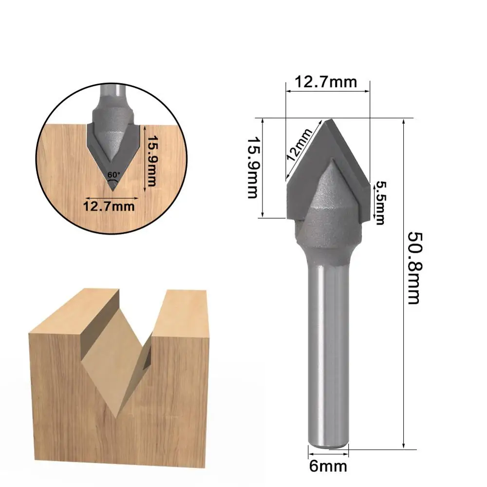 6mm shank 1/4 shank V Bit CNC solid carbide end mill 3D Router Bits for Wood 60deg tungsten woodworking milling cutter