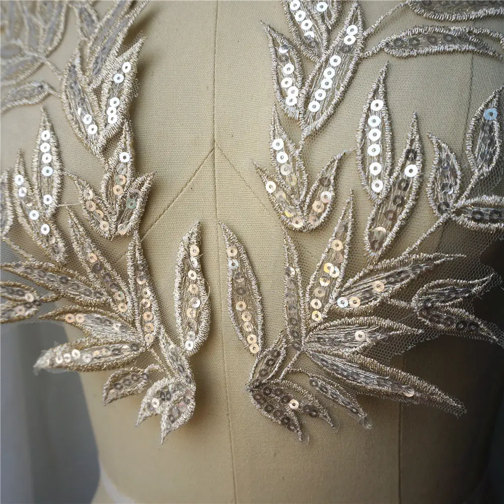 2PCS Light Gold Leaf Leaves Lace Fabric Sequin Embroidered Gown Appliques  Collar Sew Patches For Wedding Decoration Dress DIY - AliExpress 15