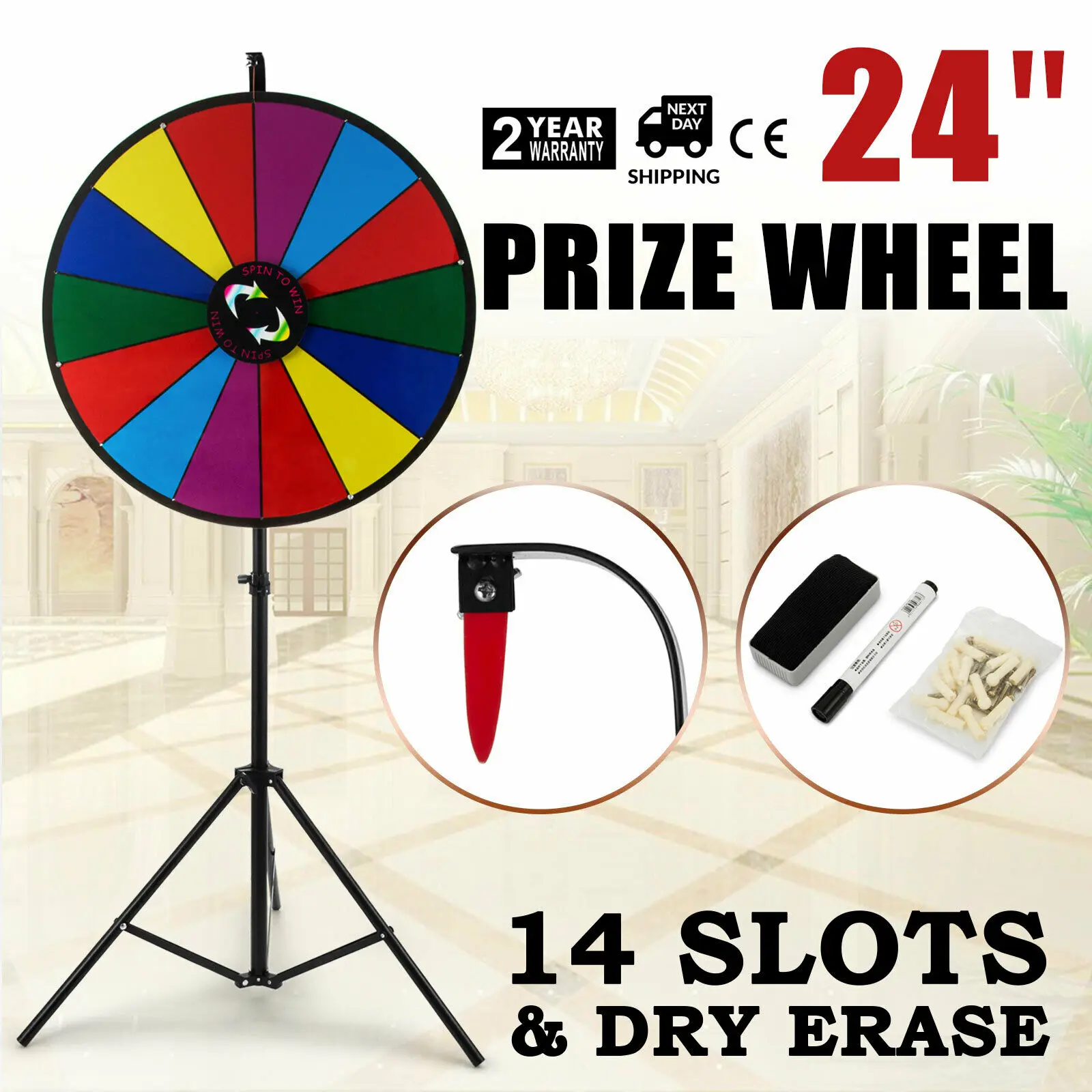 

60cm Party Prize Wheel Editable Dry Erase Spin Win Fortune Spinning Stand Game Color Prize Wheel with Folding Tripod Floor Stand