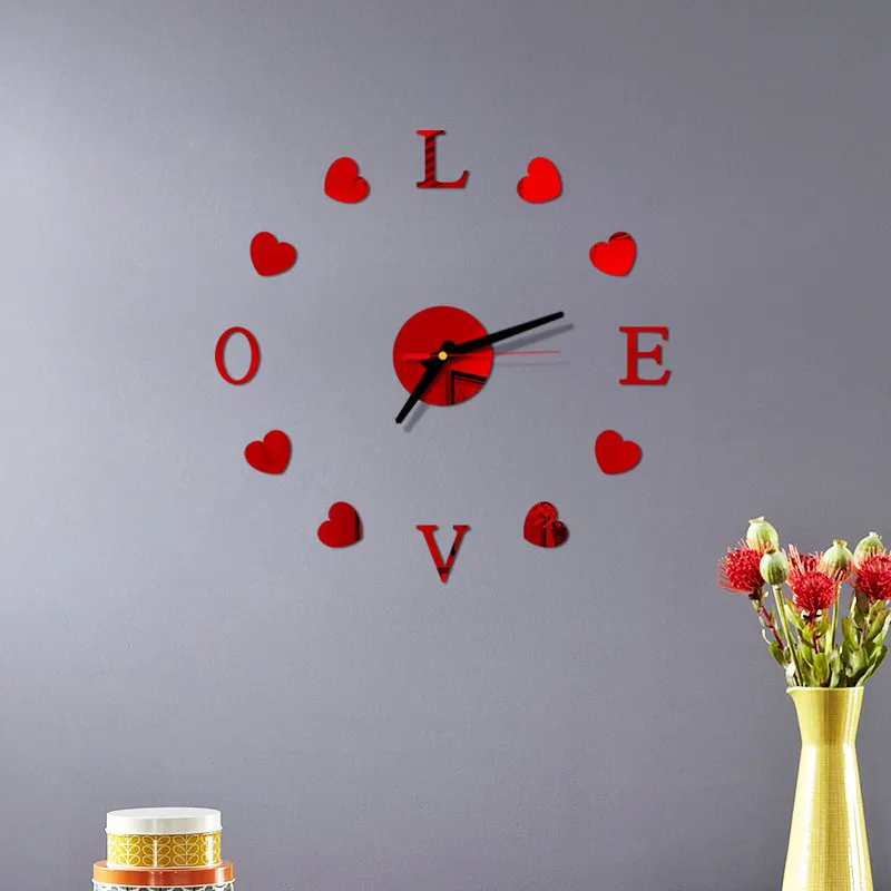 LOVE AND HEART Wall Clock 3D DIY Acrylic Mirror Stickers Clock Watch  Living Room Bedroom Home Decor Large Silent Elreloj Mural