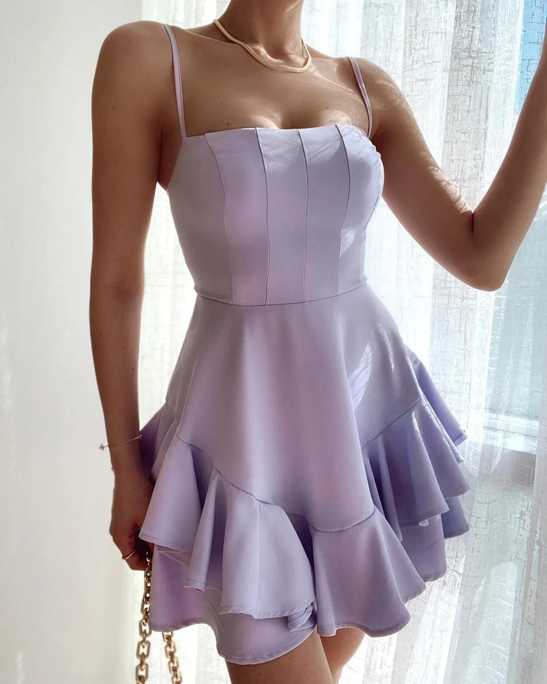 2021 Booma Lavender Prom Dress Spaghetti Straps Ruffles Above Knee Satin Homecoming Dresses A-Line Short Graduations Dresses 038