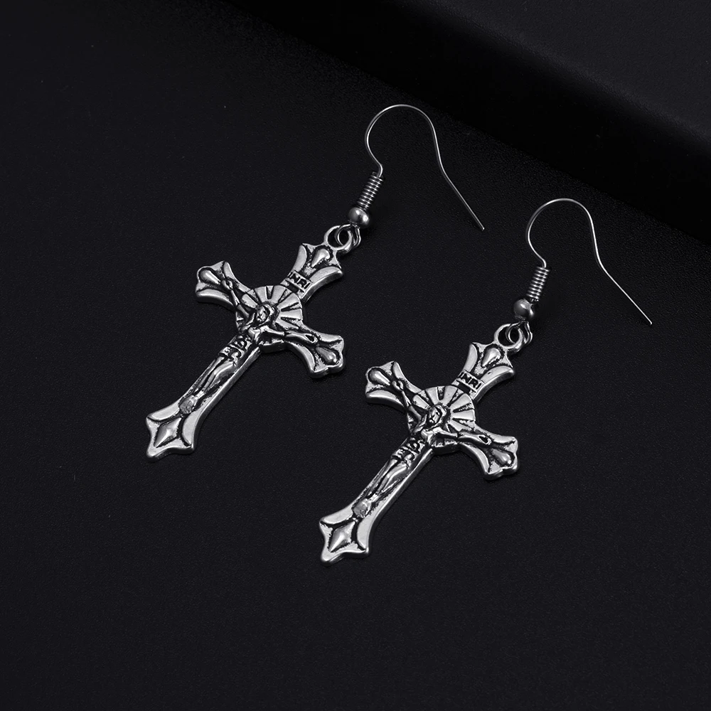 Trendy Vintage Cross Shape Dangle  Antique Silver Plated Earrings for Women Girl Retro Drop Earrings Cute Earring Jewelry Bijoux