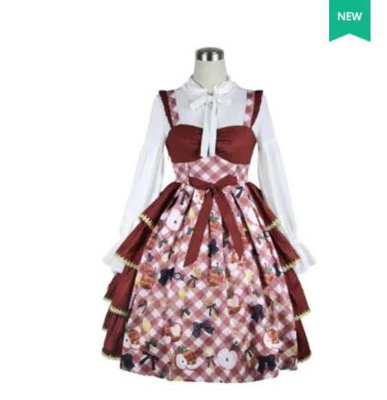 Robe lolita jsk pour fille, tenue de princesse japonaise à carreaux, douce, impression victorienne, kawaii, pour fête thé