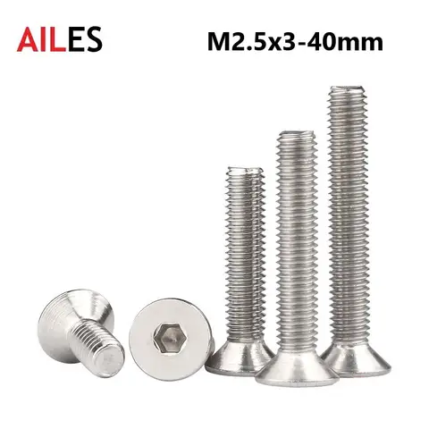 M2.5 카운터 싱크 육각 소켓 볼트, 2.5mm x 3 4 5 6 8 10 12 22 25 28 30 35 38 40mm 304 스테인리스 스틸 플랫 헤드 알렌 나사