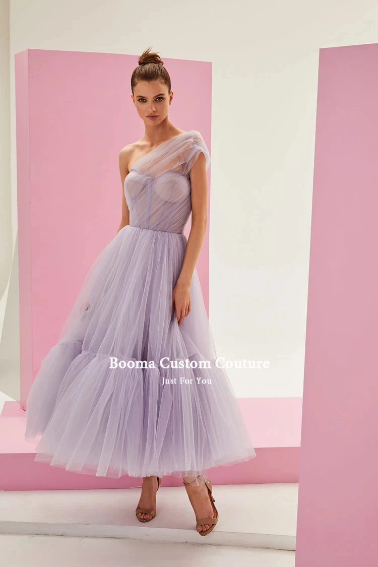 Booma Eenvoudige Blauwe Tulle Midi Prom Jurken Een Schouder Tea-Lengte A-lijn Wedding Party Jurken Open Back Graduation Jurken