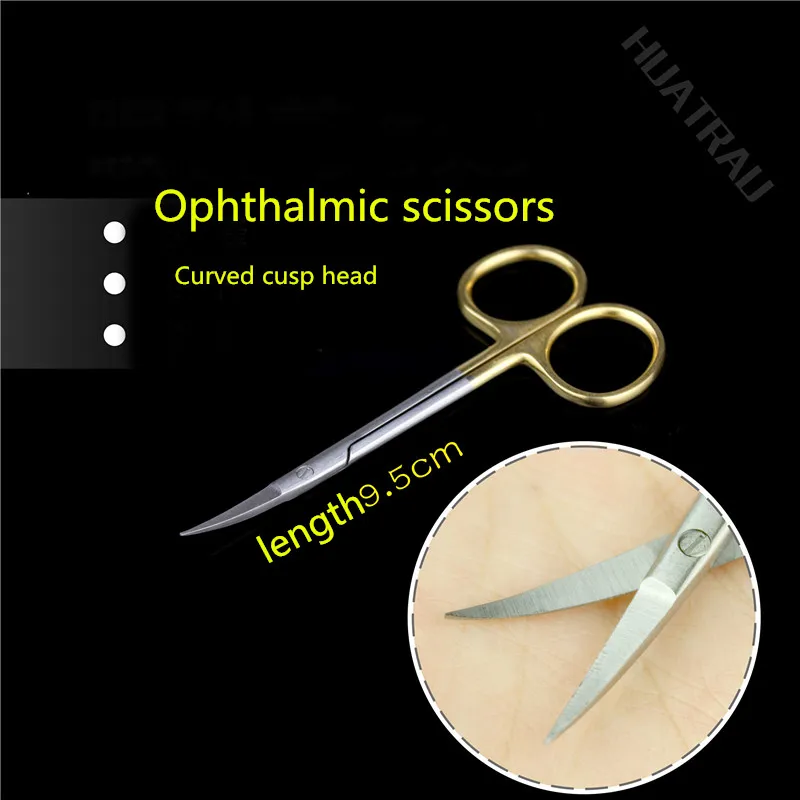 Golden handle medical fine scissor stainless steel 9.5 cm operation cutter curved tip ophthalmic Double-fold eyelids Cosmetology