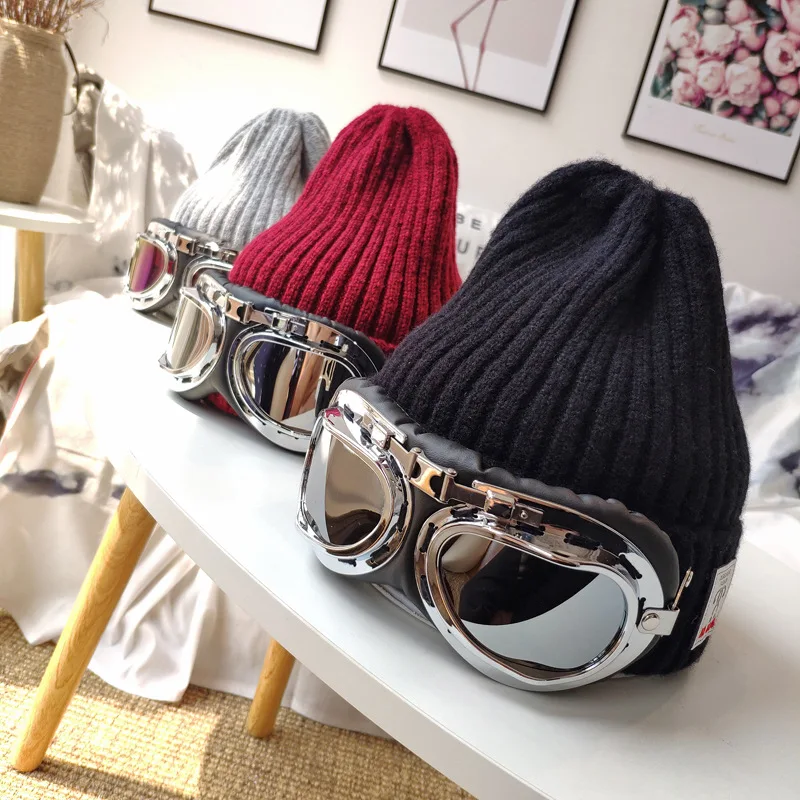 Knitted beanie hat with glasses retro hat male woolen hat female winter tide brand outdoor warm ski hat