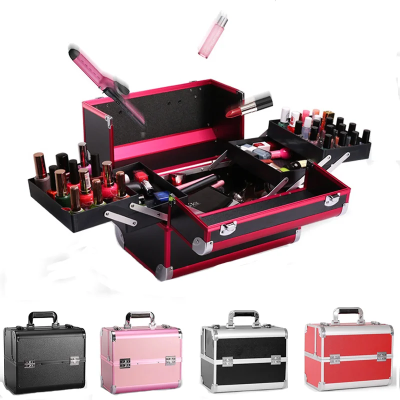 Aluminum Alloy Cosmetic Case, Large Capacity Toolbox, Makeup Organizer, Storage Beauty Box, Rangement Suitcase with Snap Lock Fa