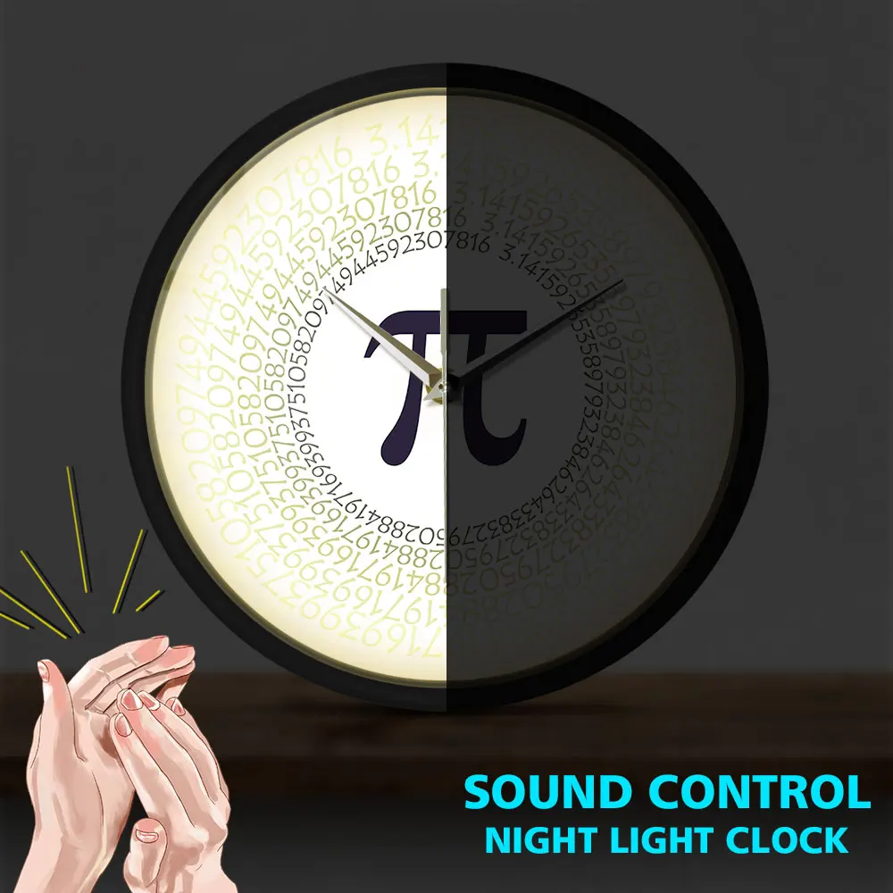 Circular Constant Ratio Quiet Sweep Quartz Wall Clock Mathematical Constant Pi Greek Letter 3.14 Sound Control Watch Light