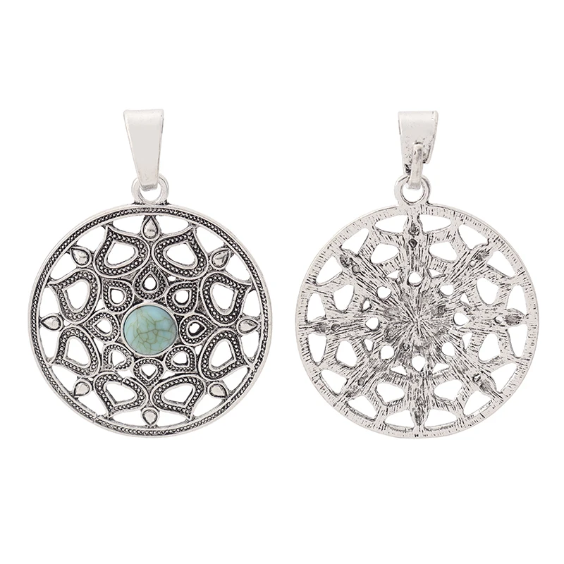 2pcs Tibetan Silver Filigree Flower with Green Resin Stone Charms Pendants For Necklace Jewelry Making Findings 65x48mm