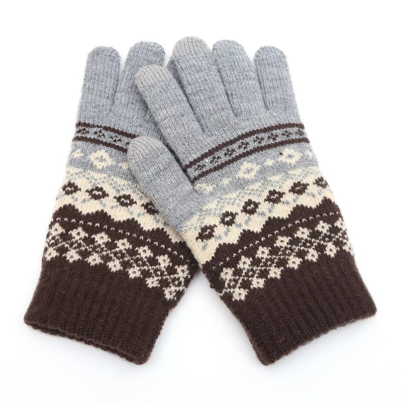 Luvas de tricô de inverno de neve feminino dedo rachado jacquard de veludo homem amante inverno quente grosso luvas de esqui tela de toque