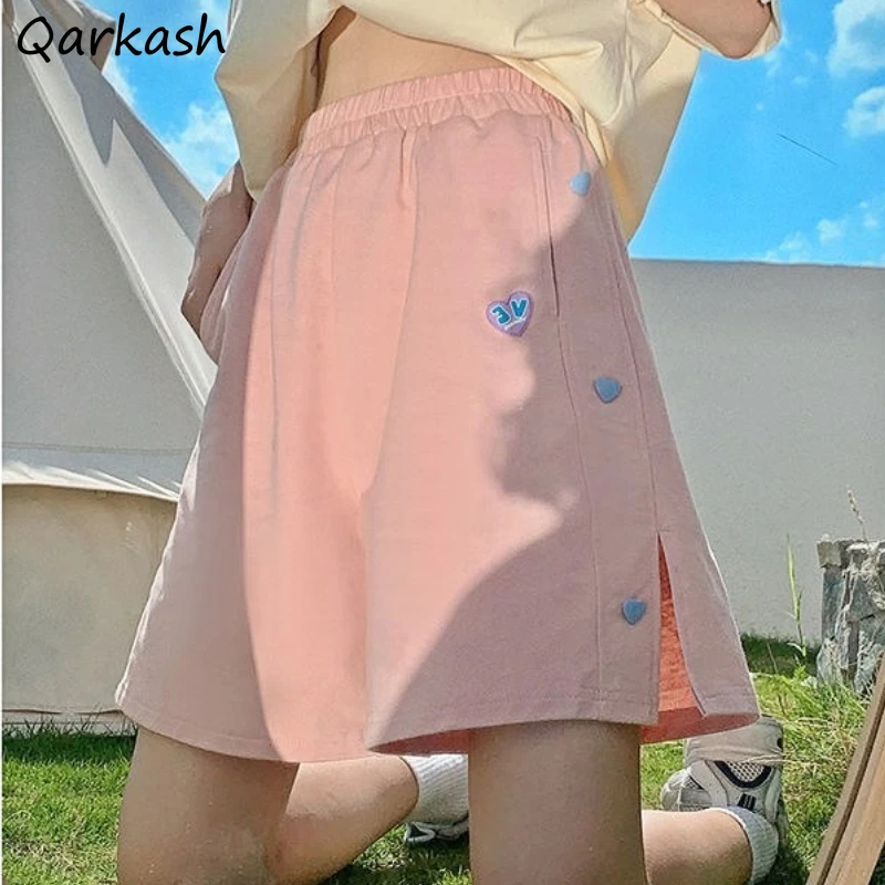 

Women Shorts Leisure Loose Kawaii All-match Embroidery Buttons Harajuku Chic Fashion Students Pink Navy Blue High Waist Ulzzang