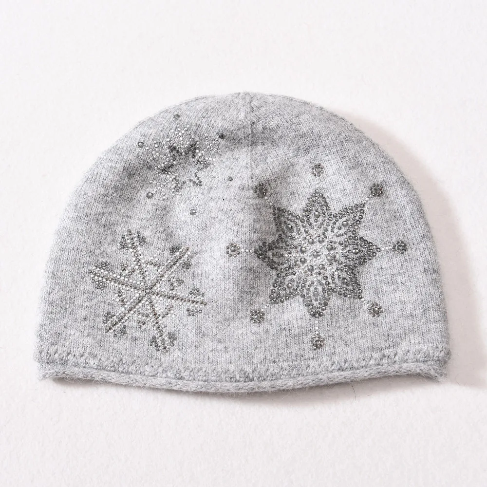 New Cashmere Beanie Hat Snowflake  Rhinestone Winter Cap For Woman Solid Color Warm Hat