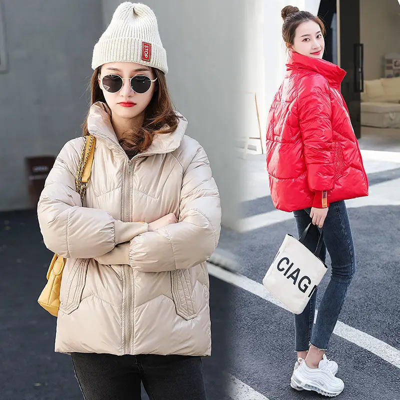 2021Women New Fashion Down Padded Jacket Female Winter Pure Color Zipper Korean Short Shiny Thickened Loose Padded Jacket A195Ch