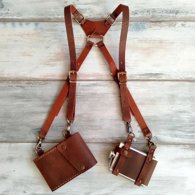 Steampunk Leather Suspender Holster Bag Double Harness Pocket Burning Man Wallet Chest Rig Utility Vest Hip Flask Pouch Holder