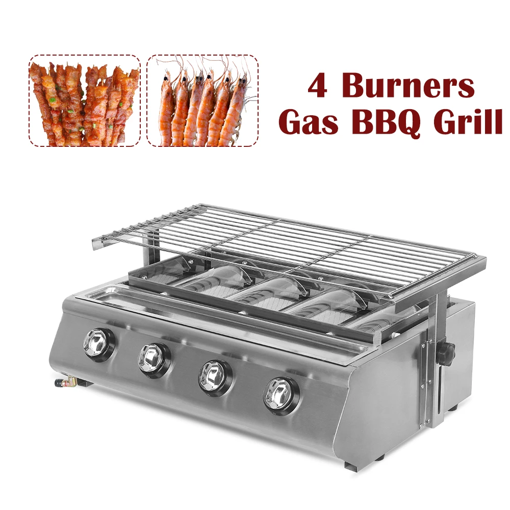 

LPG BBQ Infrared Stove Stainless Steel Griddle Flat Top Grill Smokeless Roast Meat Food Gas Burners Oven Outdoors W/ Glass Cover