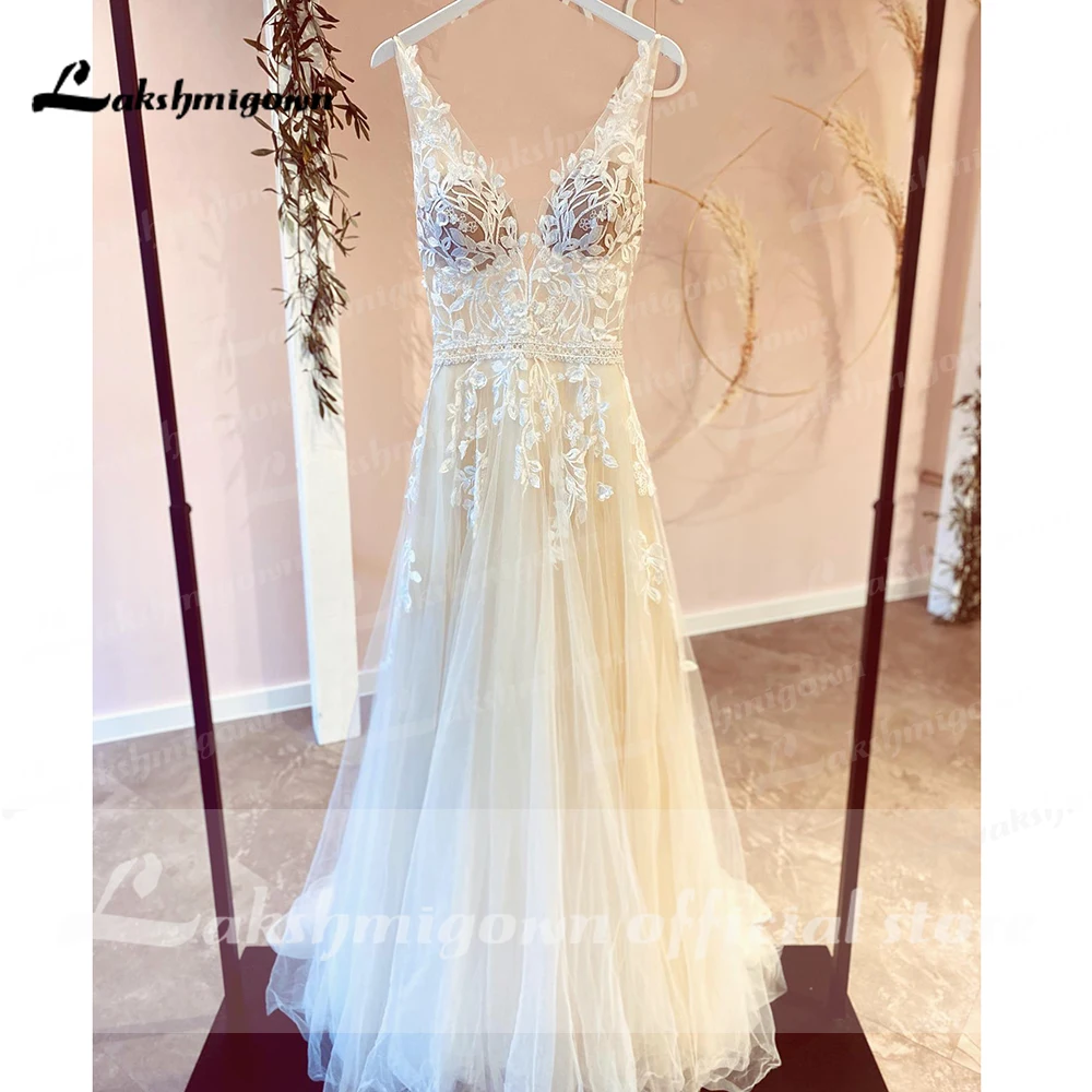 Lakshmigown vestido de casamento com decote em v, apliques de renda, personalizado, boêmio, jardim, linha, tule, costas nuas, boho, praia, vestidos de noiva