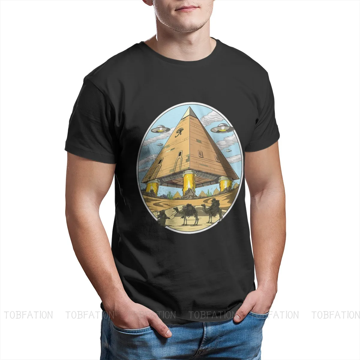 Alien Pyramids UFO Graphic Streetwear Egyptian Mythology Ancient Gods Atum Horus Osiris T-Shirt Pure Cotton Oversized Tops