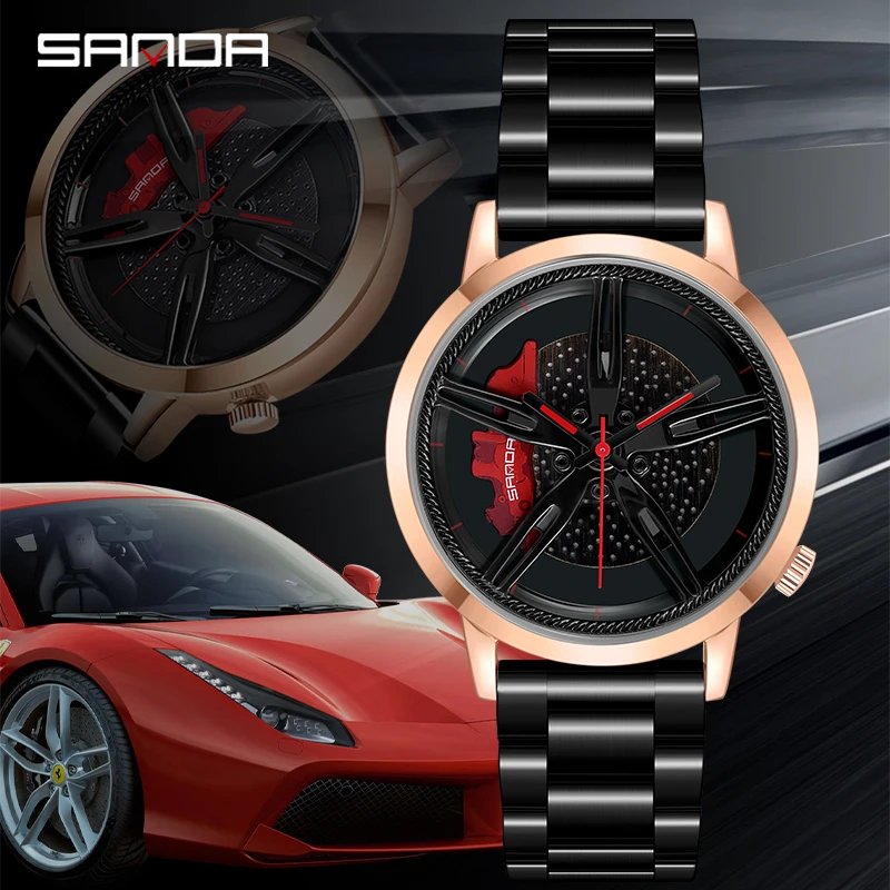 SANDA Voiture Wheel Rim Hub Watches Mens Sports Car Rim Hub Men Watch Stainless Steel Waterproof Creative Male Relogio Masculino