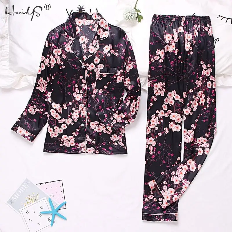 Autumn Winter Print Pattern Women Pajama Set Satin Silk Turn-down Collar Pajamas Sleepwear Long Sleeve Trousers Two Paper Suit