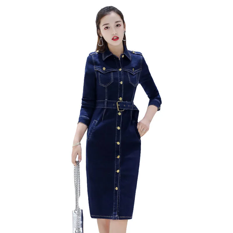 

2022 New Spring Autumn Women's Denim Dress Vintage Long Sleeve Slim Lady Single-breasted Belt Dress Vestidos Female