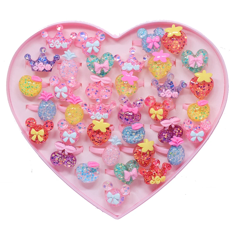 20pcs Love Mixed Sequins Kids rings Shining Fruit flower animal Girls Princess Children Kids Baby Crown Rings Party Gift