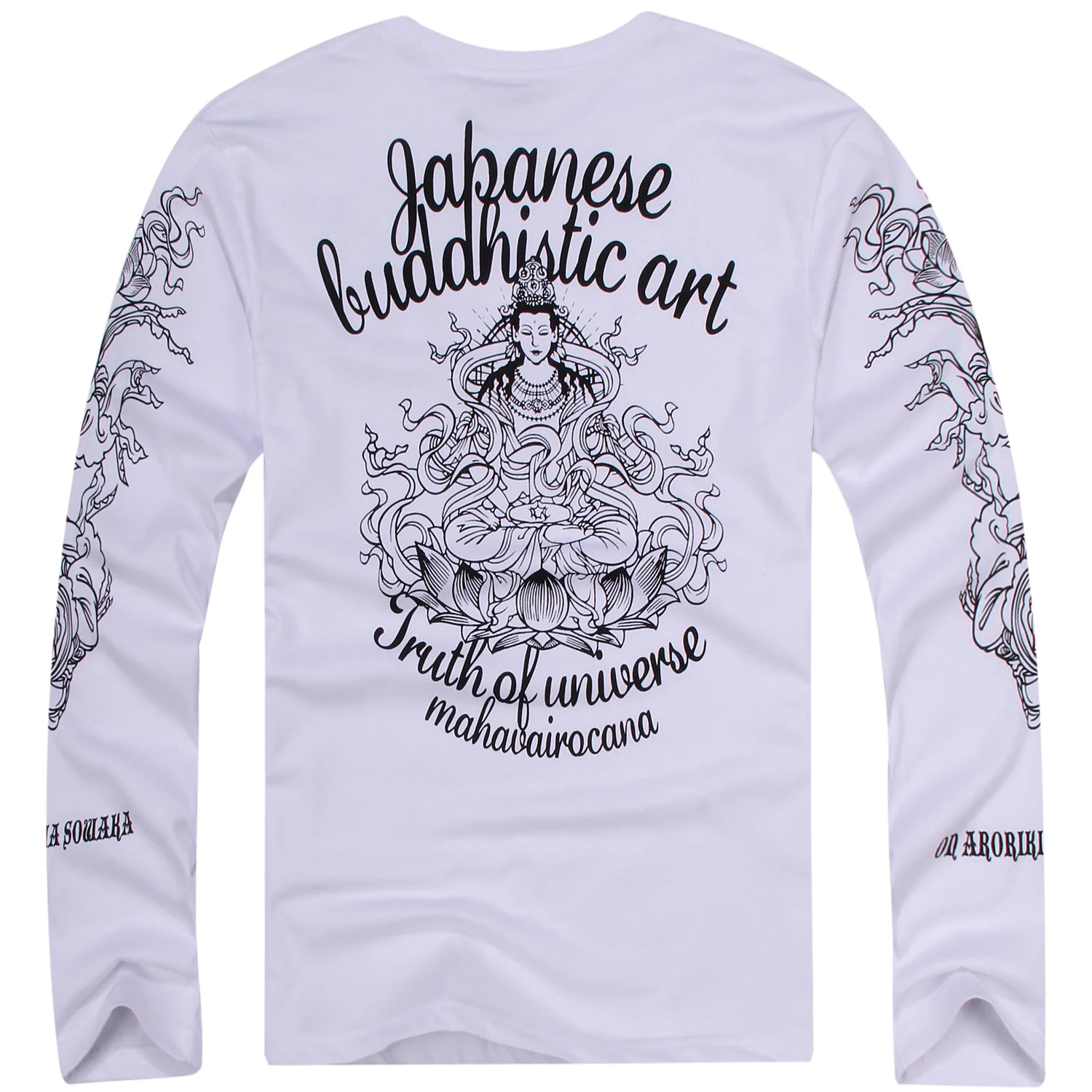 Tattoo Japanese Printing Cotton Long-Sleeved T Shirt Men's Sanskrit lotus Frescoes Pattern Tops Tee Shirts Wite M-4XL