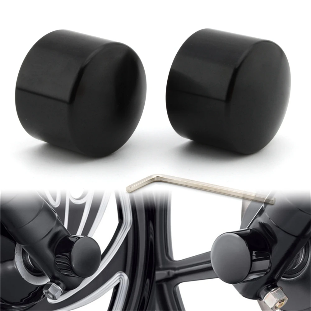 2xMotorcycle Front Axle Nut Covers Caps Aluminum Black/Chrome For Harley Sportster Touring Softail Dyna VRSC Fat Bob Wide Glide