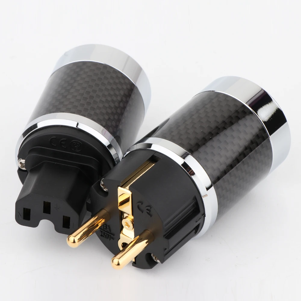 Pair EU Schuko Plug Black Carbon Fiber 2 Pins EU EUR Schuko Power Plug Gold/Rhodium Plated DIY Mains Adapter
