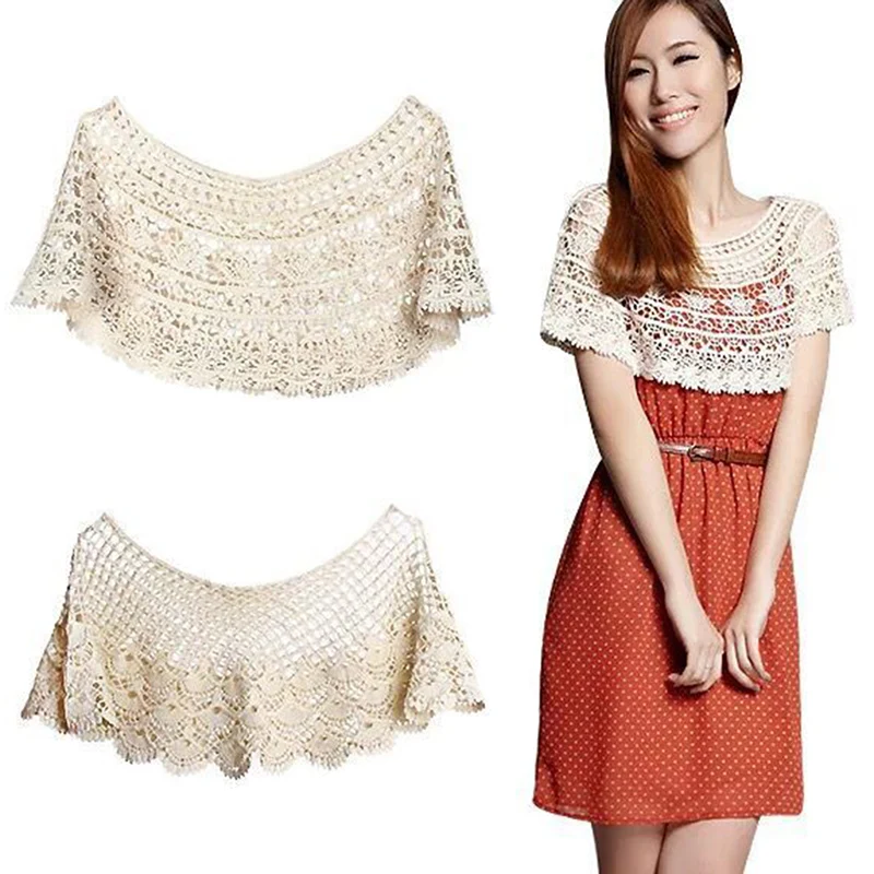 Women Vintage Crochet Knit Cape Lace Short Hollow out Shawls Shrug Poncho H9